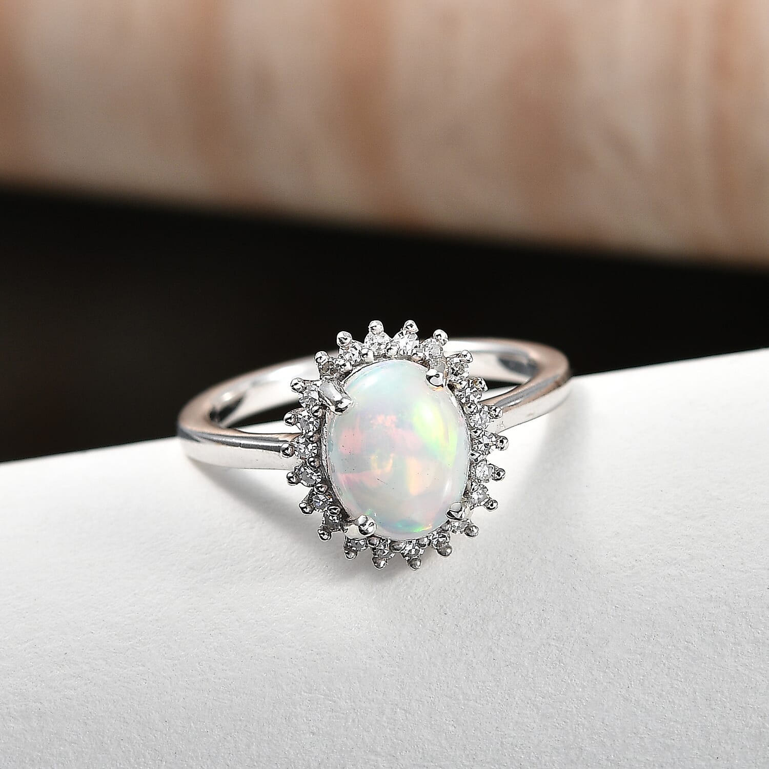 Ethiopian Opal & SI-G-H Lab Grown Diamond Halo Ring in Platinum Overlay Sterling Silver 1.45 Ct.
