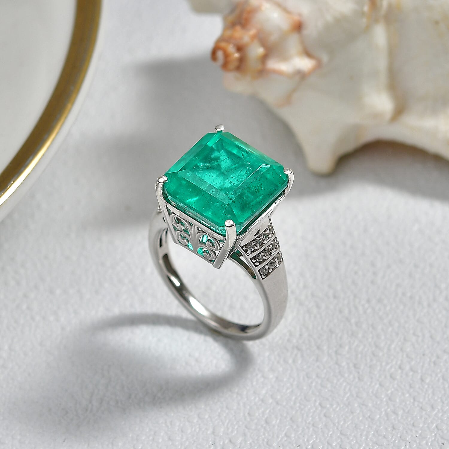 D'Joy Emeraldine Triplet Quartz & White Zircon Solitaire Ring in Rhodium Overlay Sterling Silver 10.00 Ct.