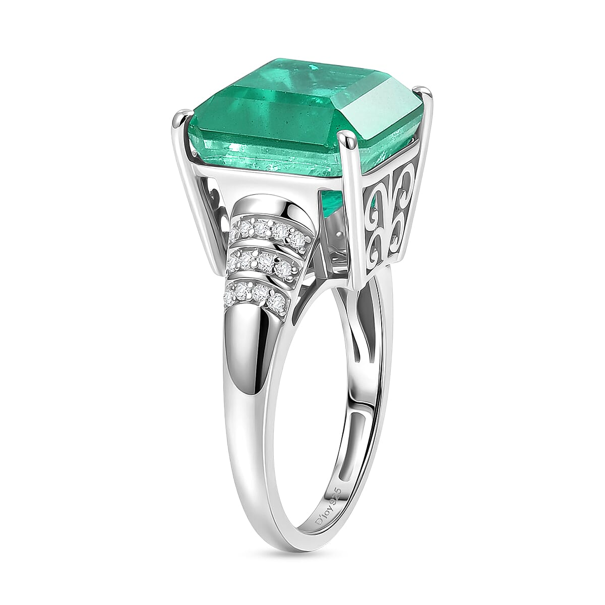 D'Joy Emeraldine Triplet Quartz & White Zircon Solitaire Ring in Rhodium Overlay Sterling Silver 10.00 Ct.