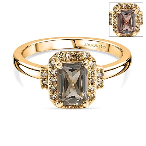 Luxuriant Turkizite & SI-G-H Lab Grown Yellow Diamond Halo Ring in 18K Vermeil Yellow Gold Plated Sterling Silver 1.37 Ct.