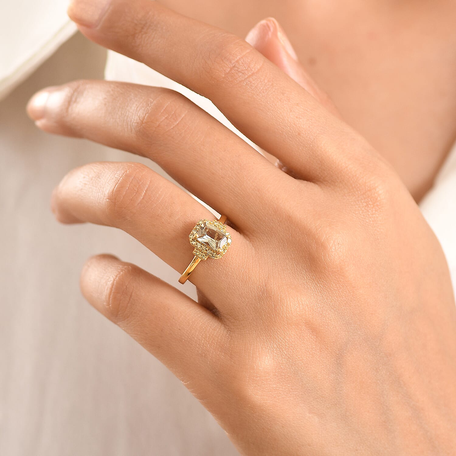 Luxuriant Turkizite & SI-G-H Lab Grown Yellow Diamond Halo Ring in 18K Vermeil Yellow Gold Plated Sterling Silver 1.37 Ct.