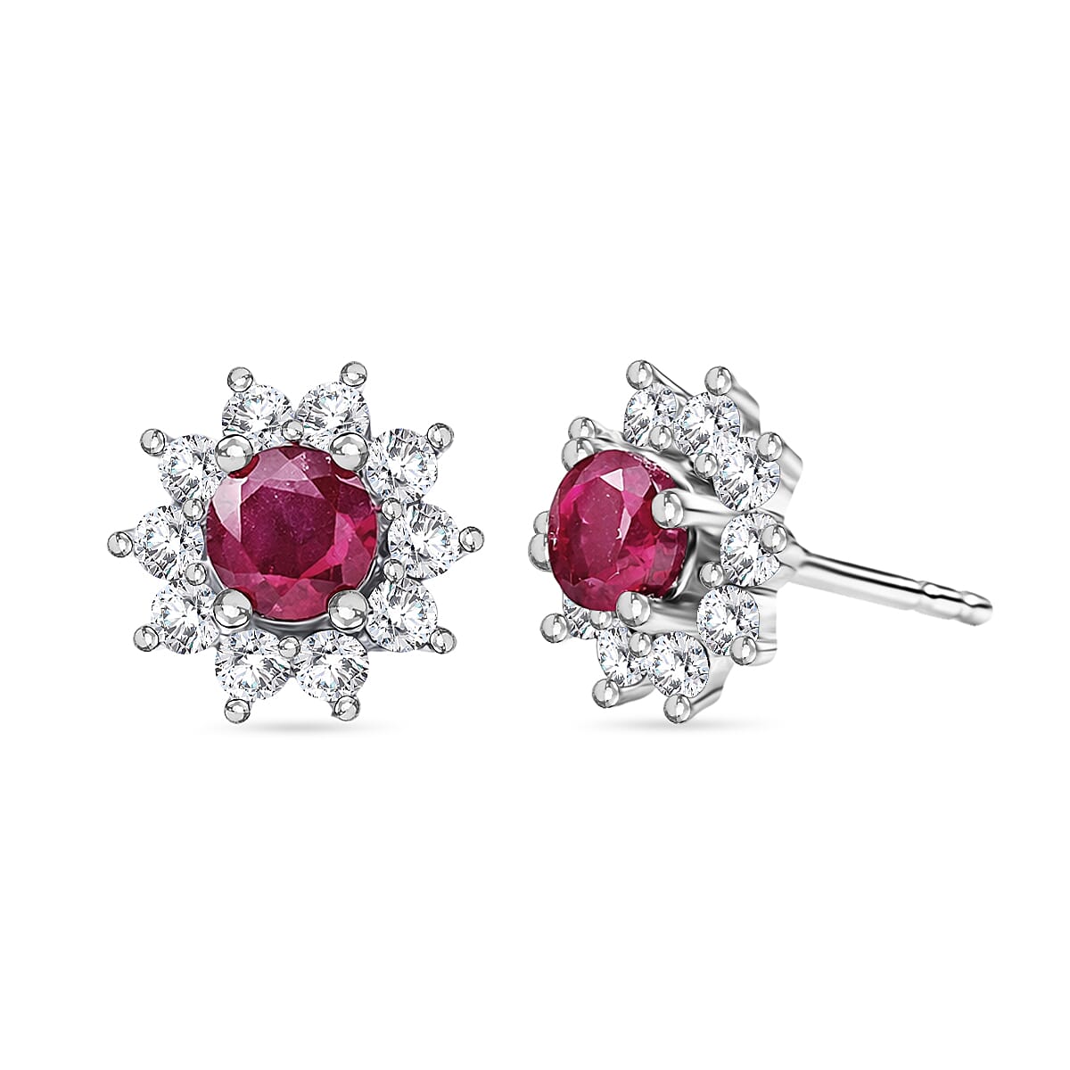 Royal Bali Collection - D'Joy African Ruby & White Zircon Halo Earring with Push Back in Rhodium Overlay Sterling Silver 1.50 Ct.