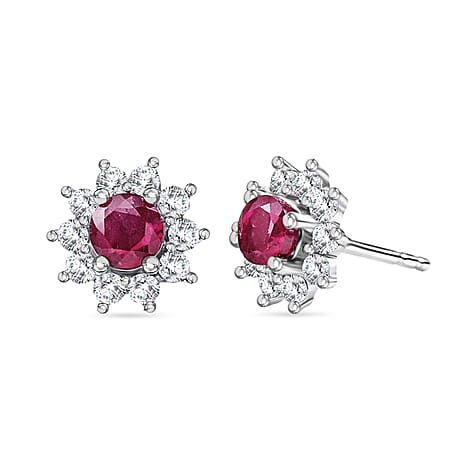 Royal Bali Collection - D'Joy African Ruby & White Zircon Halo Earring with Push Back in Rhodium Overlay Sterling Silver 1.50 Ct.