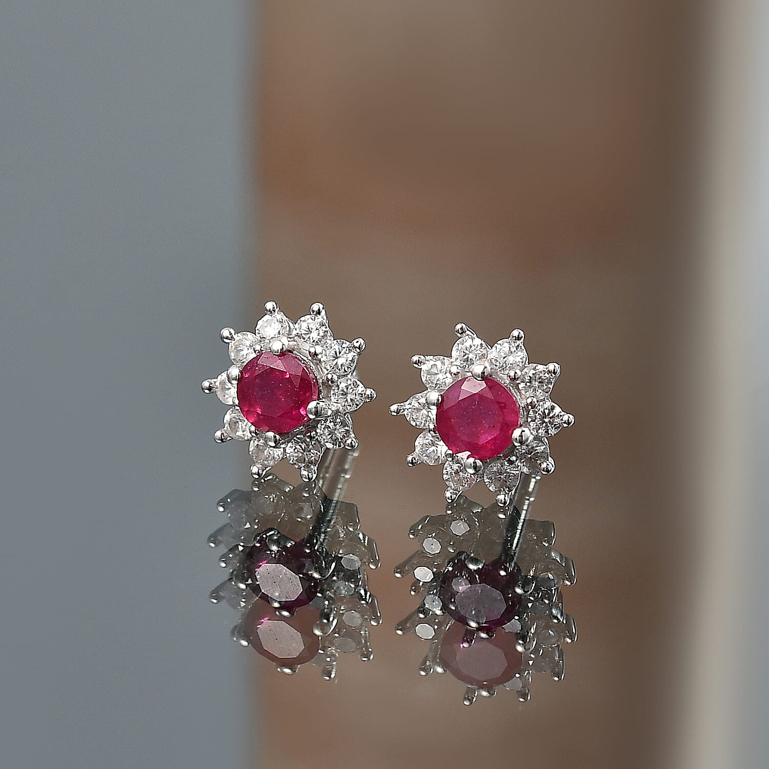 Royal Bali Collection - D'Joy African Ruby & White Zircon Halo Earring with Push Back in Rhodium Overlay Sterling Silver 1.50 Ct.