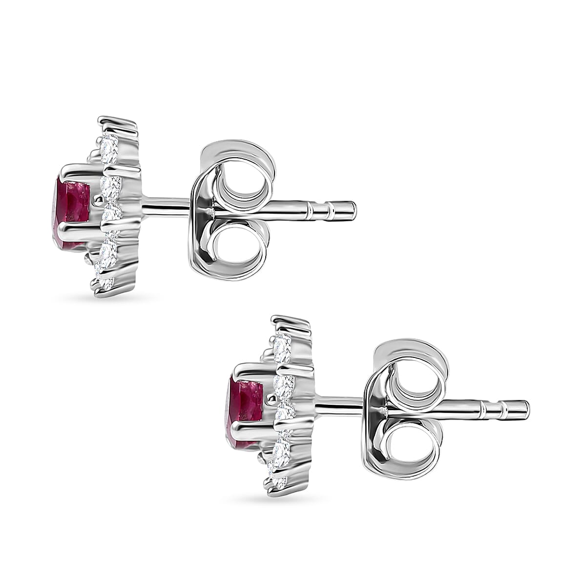 Royal Bali Collection - D'Joy African Ruby & White Zircon Halo Earring with Push Back in Rhodium Overlay Sterling Silver 1.50 Ct.