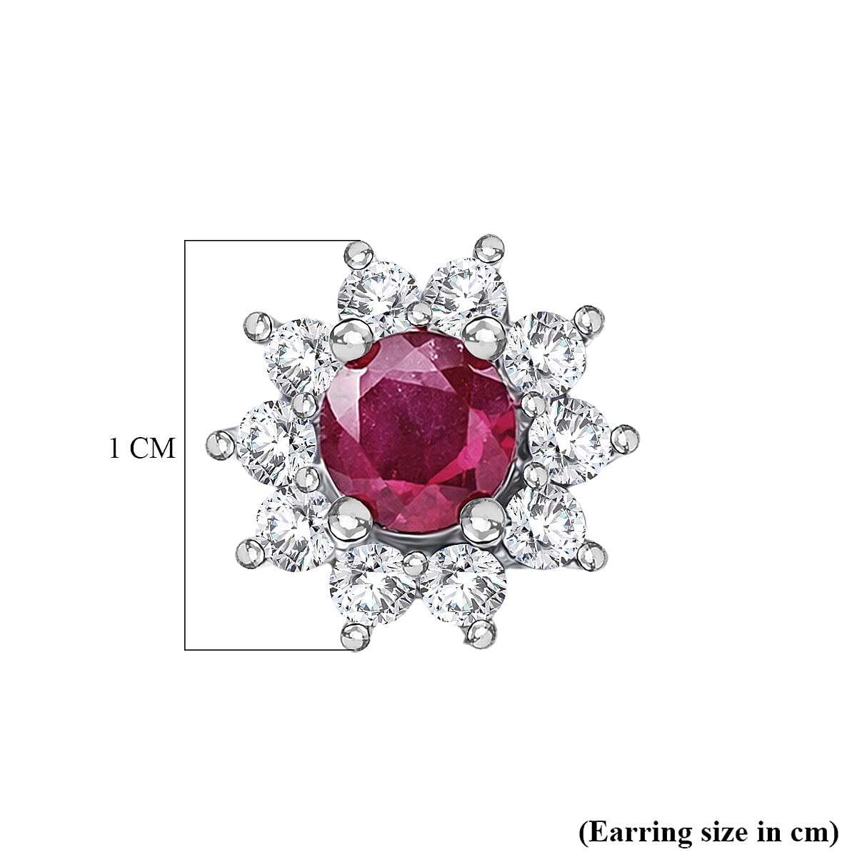 Royal Bali Collection - D'Joy African Ruby & White Zircon Halo Earring with Push Back in Rhodium Overlay Sterling Silver 1.50 Ct.