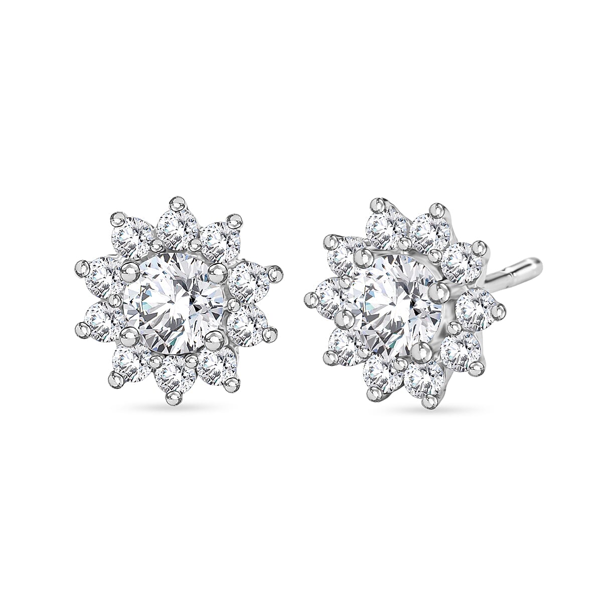 Royal Bali Collection - D'Joy Moissanite & White Zircon Cluster Earring with Push Back in Rhodium Overlay Sterling Silver 1.12 Ct.