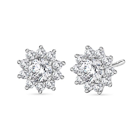 Royal Bali Collection - D'Joy Moissanite & White Zircon Cluster Earring with Push Back in Rhodium Overlay Sterling Silver 1.12 Ct.