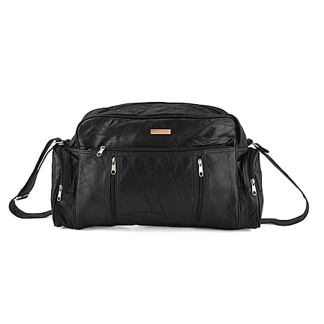 Styled By Patchwork Sheep Leather Multi Pocket Holdall Travel Bag - Black