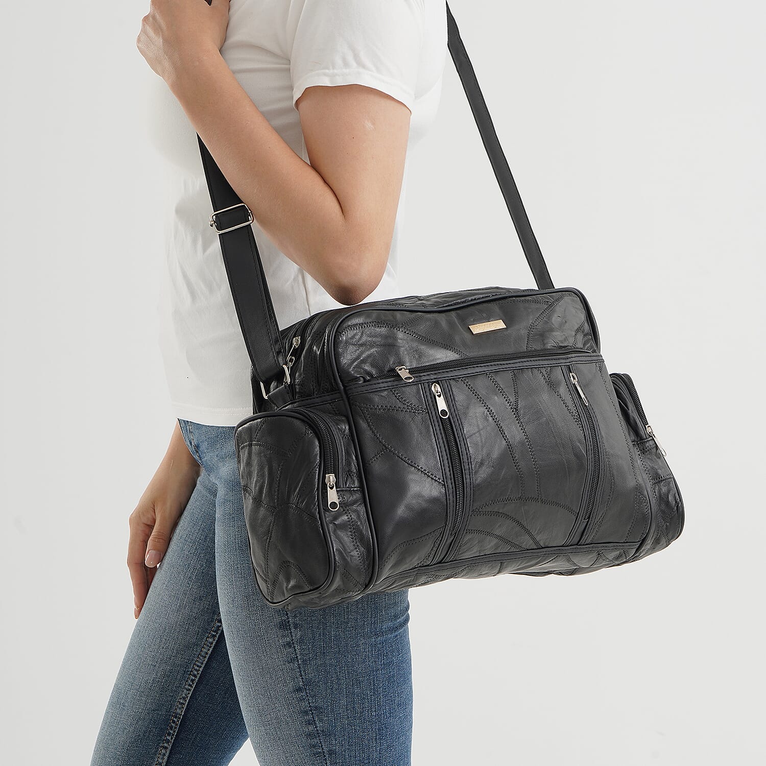 Styled By Patchwork Sheep Leather Multi Pocket Holdall Travel Bag - Black