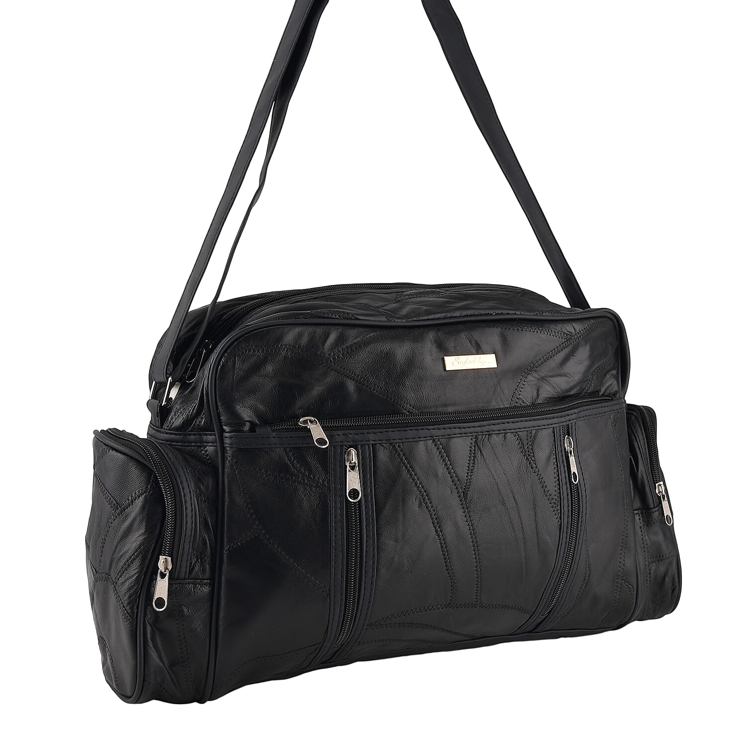 Styled By Patchwork Sheep Leather Multi Pocket Holdall Travel Bag - Black