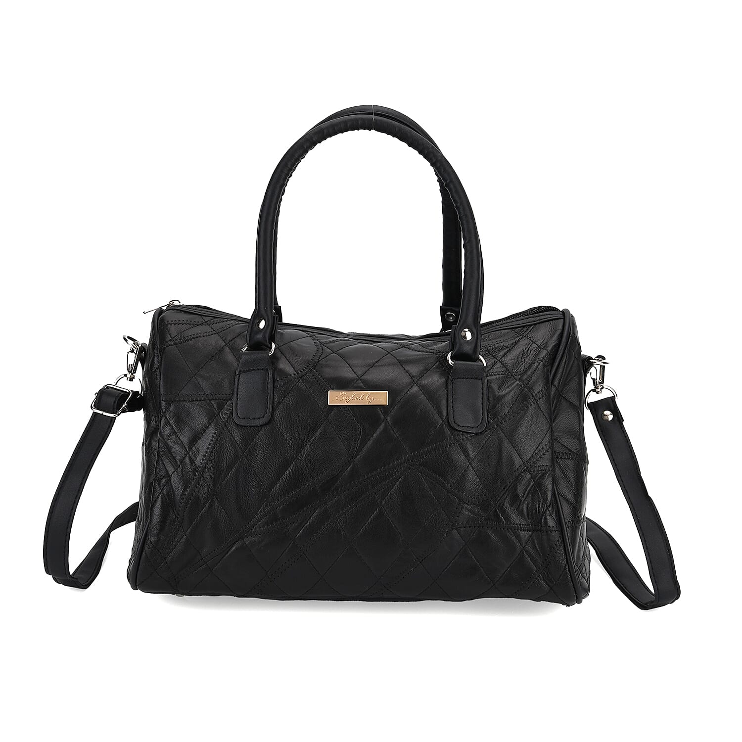 Styled By Patchwork Sheep Leather Quilted Satchel Duffle Bag - Black