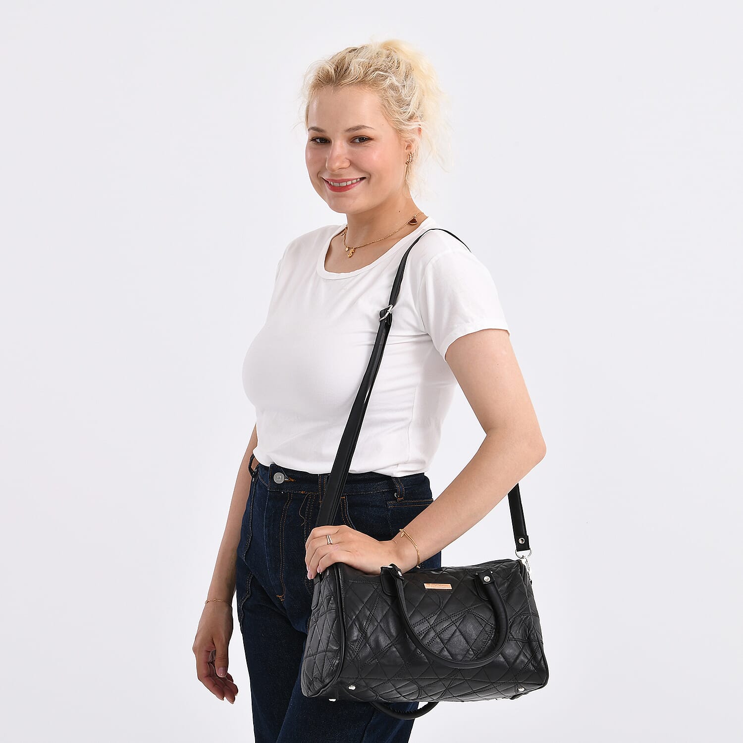 Styled By Patchwork Sheep Leather Quilted Satchel Duffle Bag - Black