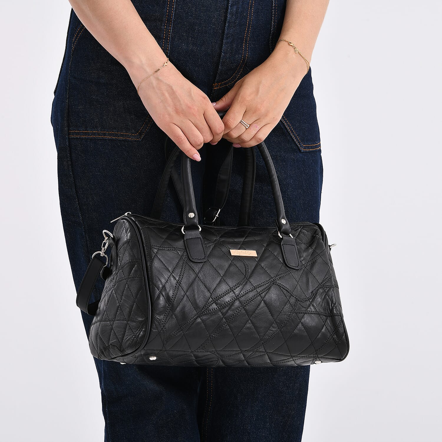 Styled By Patchwork Sheep Leather Quilted Satchel Duffle Bag - Black