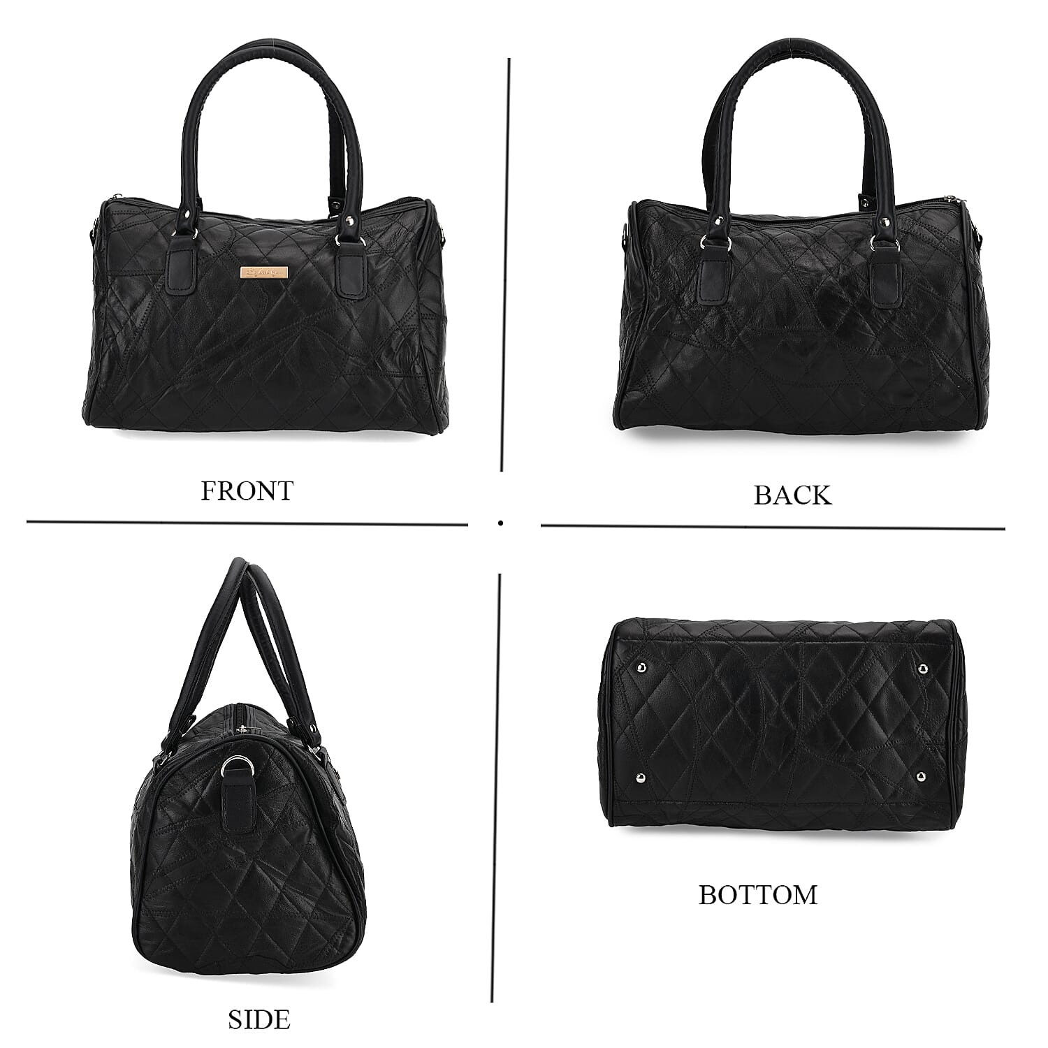Styled By Patchwork Sheep Leather Quilted Satchel Duffle Bag - Black