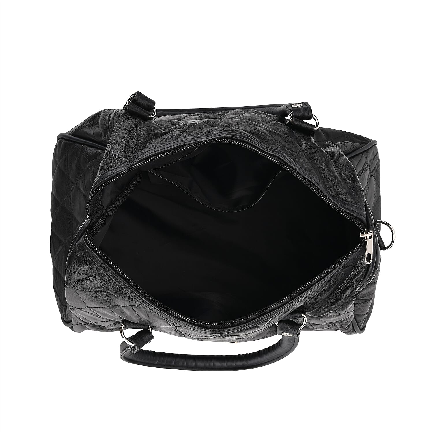 Styled By Patchwork Sheep Leather Quilted Satchel Duffle Bag - Black