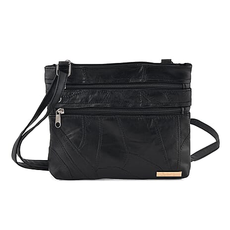 Styled By Sheep Leather Multi Pocket Crossbody Bag - Black