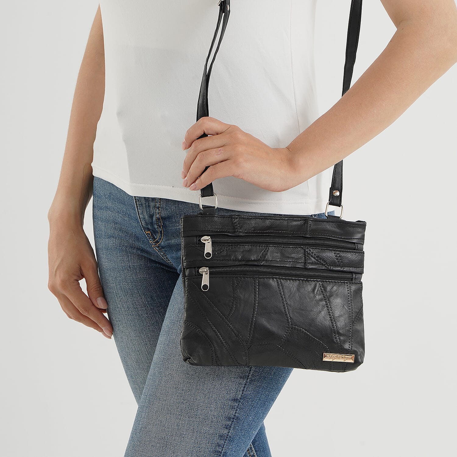 Styled By Sheep Leather Multi Pocket Crossbody Bag - Black