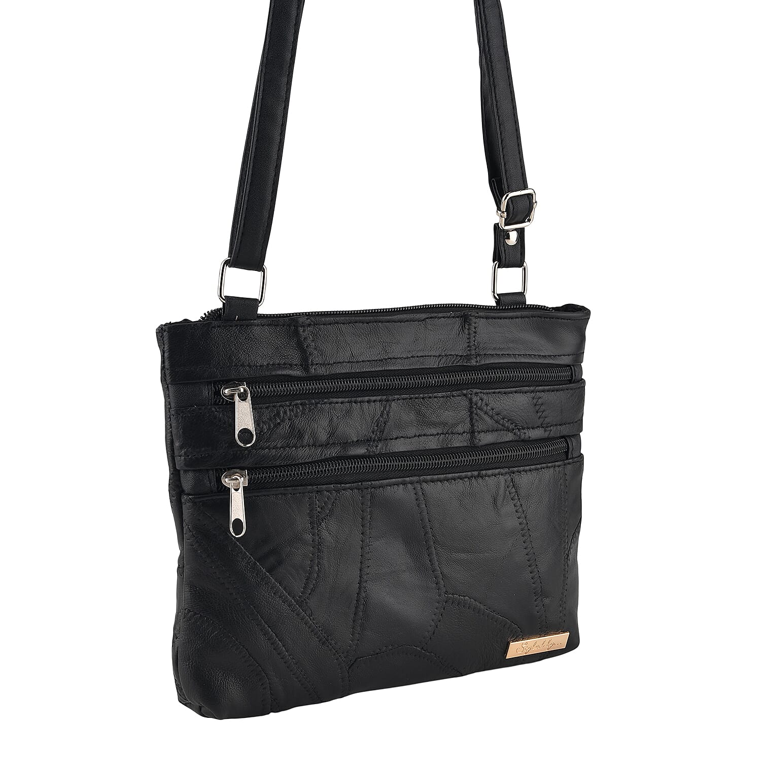 Styled By Sheep Leather Multi Pocket Crossbody Bag - Black