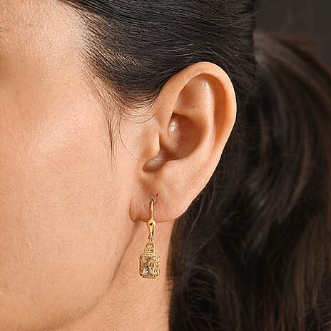 Natural AAA Turkizite & Lab Grown Yellow Diamond (Si) Earrings with Lever Backs in 18K Gold Vermeil Sterling Silver 1.79 Ct.