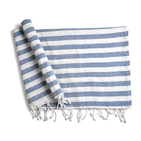 Livmore 100% Cotton Fouta Beach Striped Towel with Fringes (90 x 170 cm) - Navy