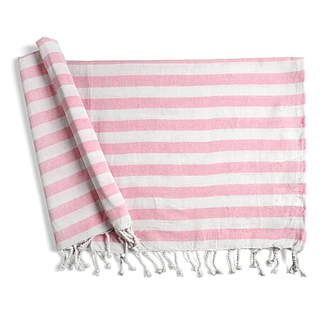 Livmore 100% Cotton Fouta Beach Striped Towel with Fringes (90 x 170 cm) - Pink