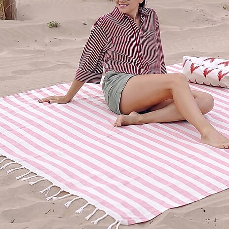 Livmore 100% Cotton Fouta Beach Striped Towel with Fringes (90 x 170 cm) - Pink