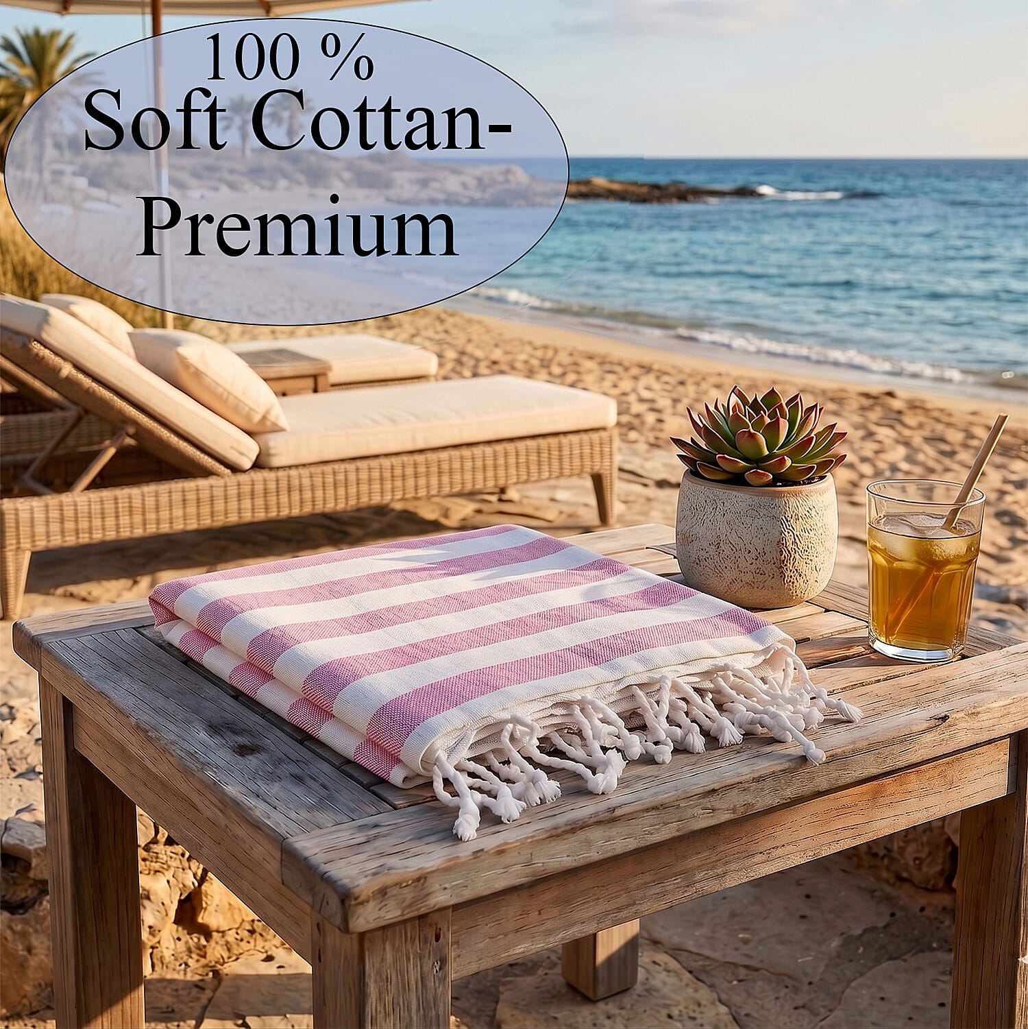 Livmore 100% Cotton Fouta Beach Striped Towel with Fringes (90 x 170 cm) - Pink