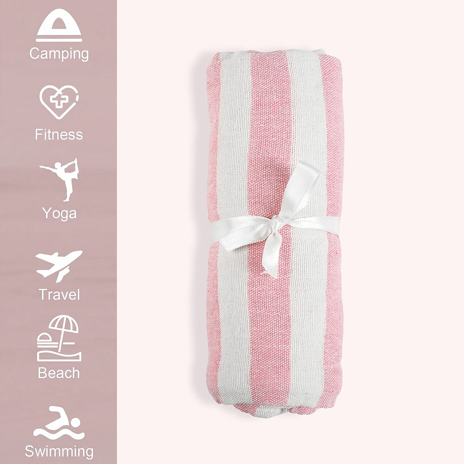 Livmore 100% Cotton Fouta Beach Striped Towel with Fringes (90 x 170 cm) - Pink