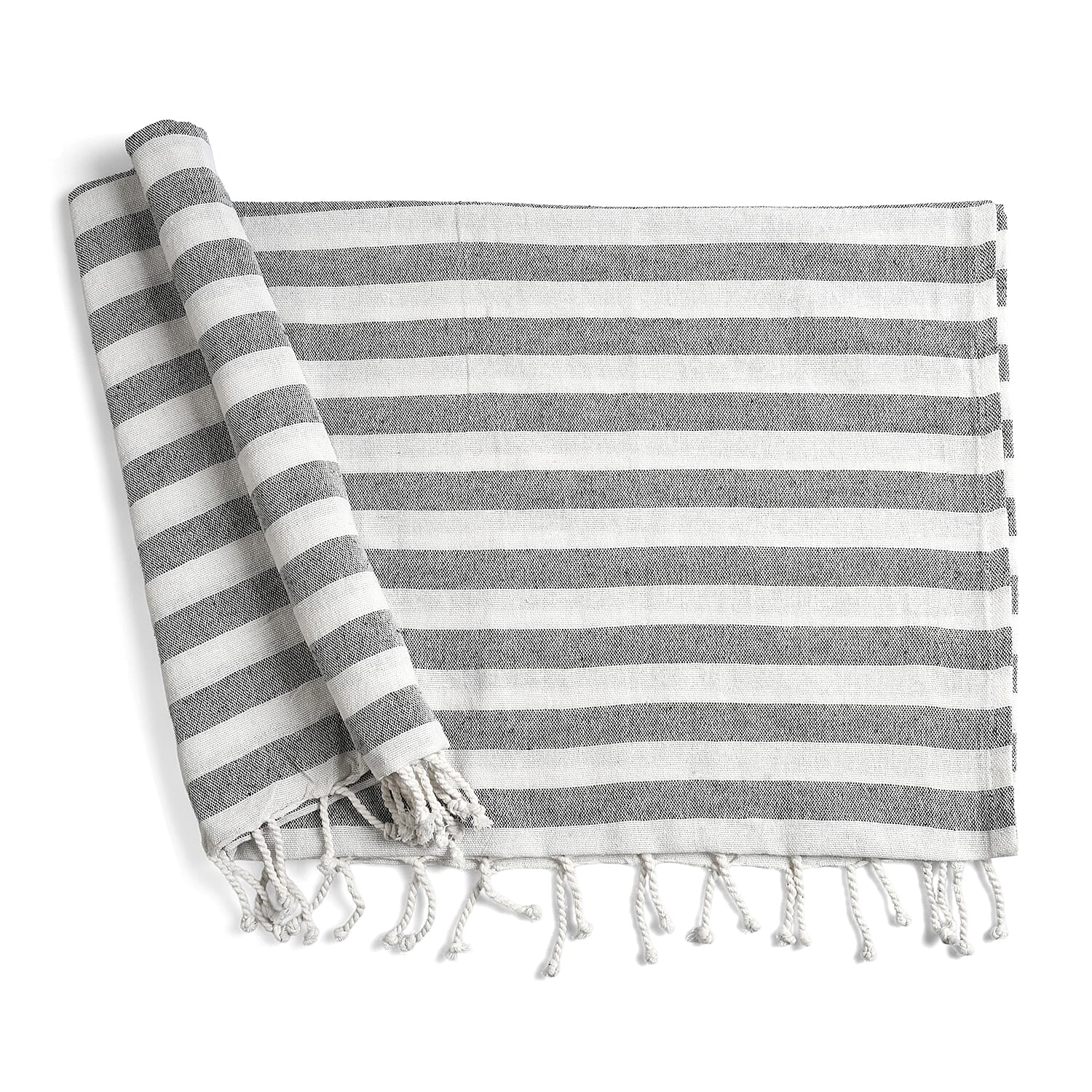 Livmore 100% Cotton Fouta Beach Striped Towel with Fringes (90 x 170 cm) - Grey