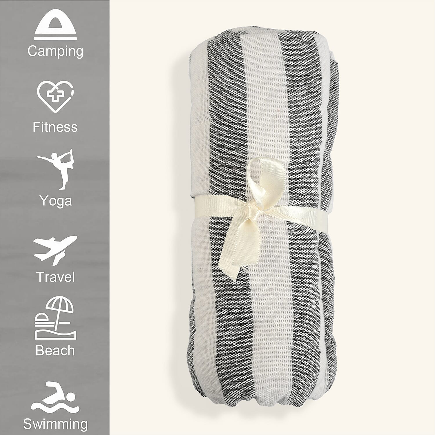 Livmore 100% Cotton Fouta Beach Striped Towel with Fringes (90 x 170 cm) - Grey
