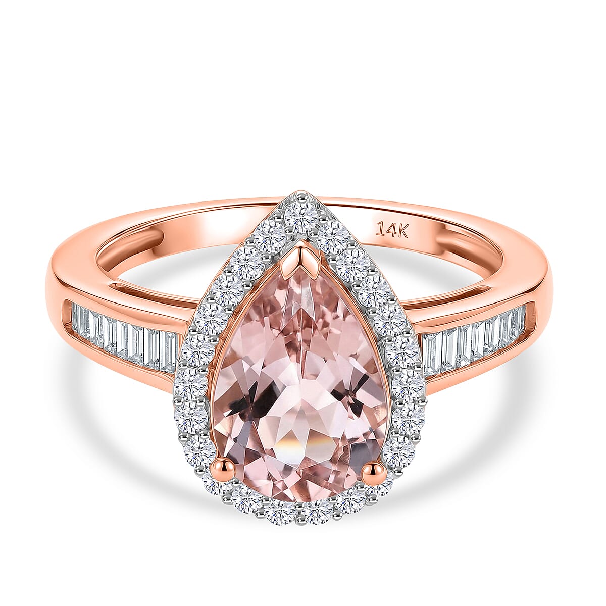 14K Rose Gold AAA Pink Morganite & White Diamond Pear Halo Ring 2.05 Ct, Gold Wt. 3.10 Gms