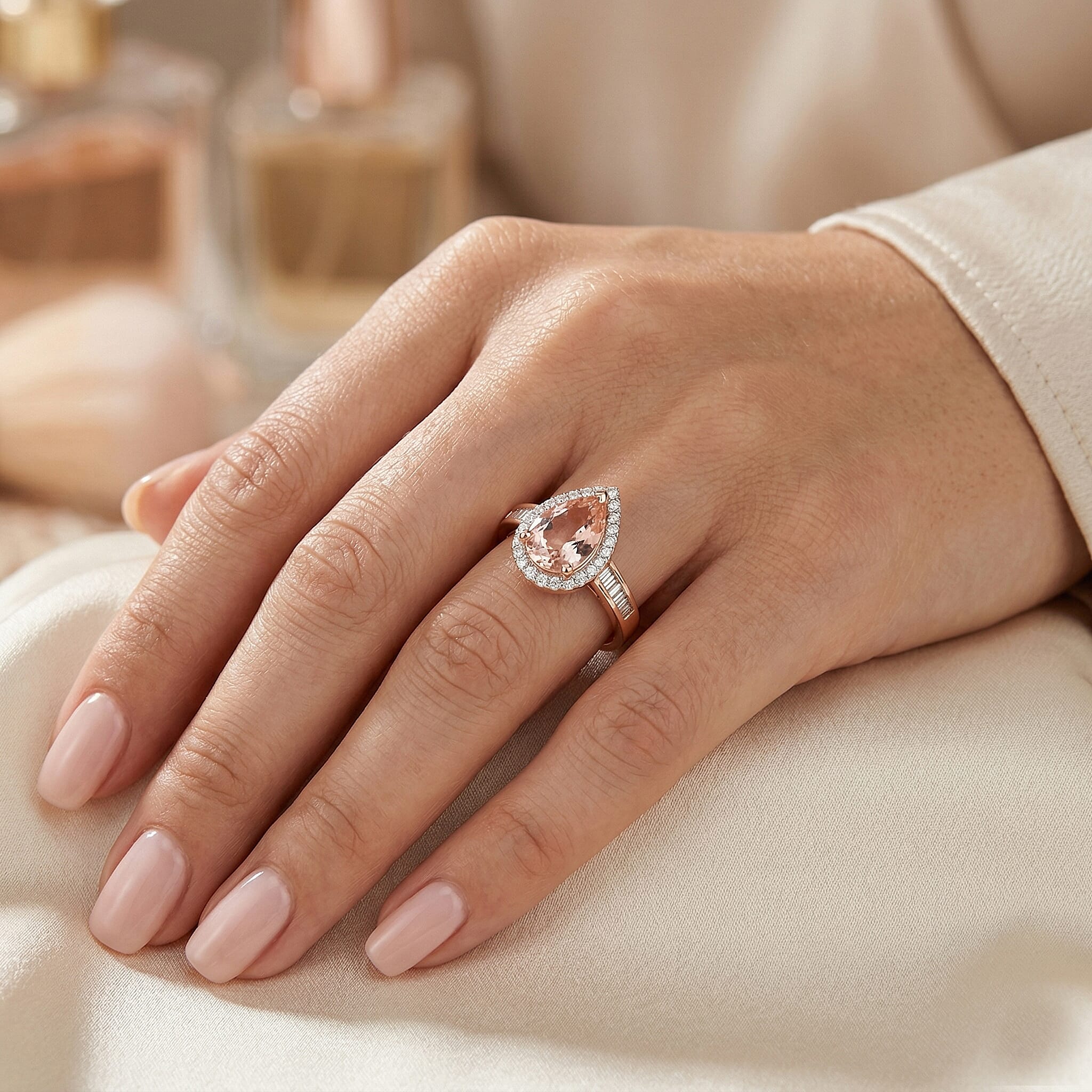 14K Rose Gold AAA Pink Morganite & White Diamond Pear Halo Ring 2.05 Ct, Gold Wt. 3.10 Gms