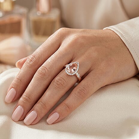 JCK Vegas Deal- 14K Rose Gold Palmeiras AAAA Pink Morganite and Natural Diamond Pear Halo Ring 2.05 Ct,