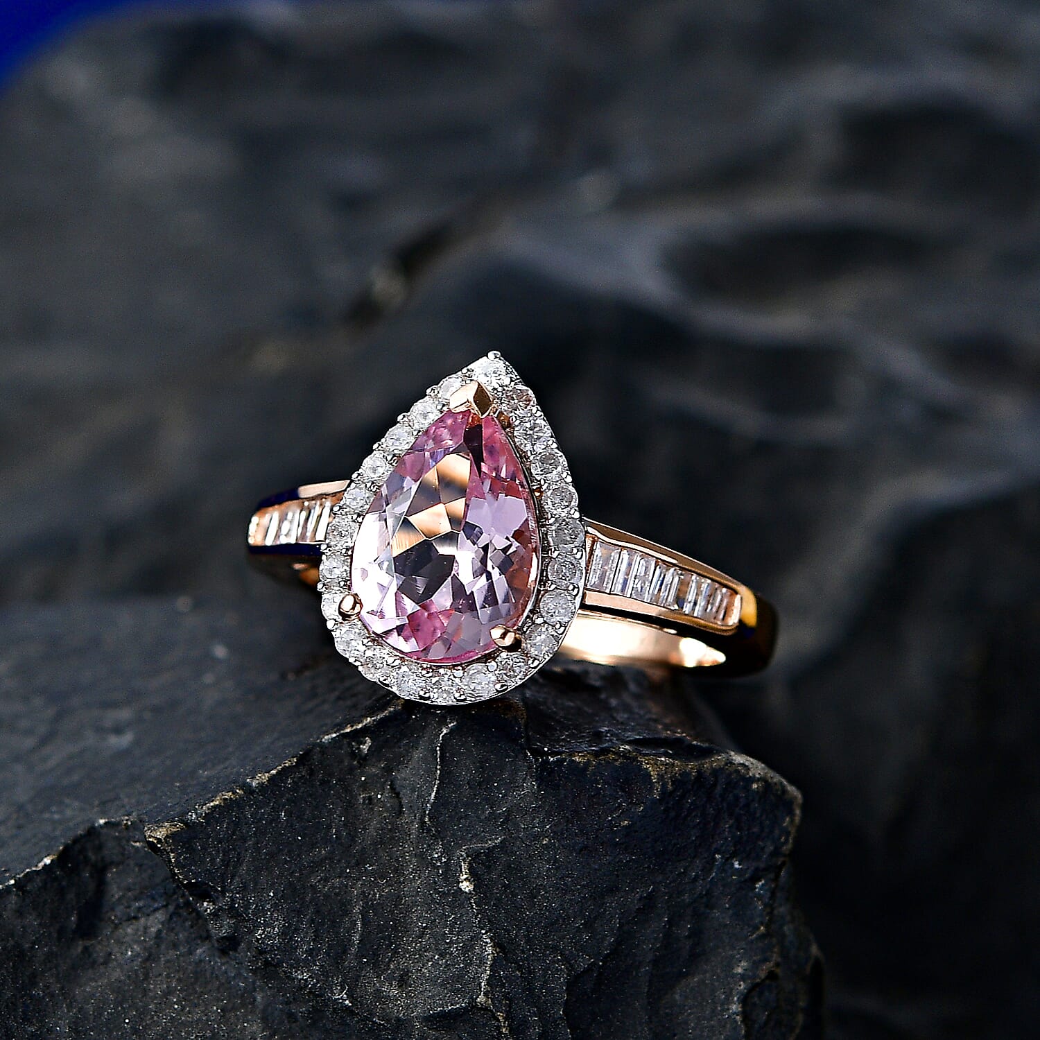 14K Rose Gold AAA Pink Morganite & White Diamond Pear Halo Ring 2.05 Ct, Gold Wt. 3.10 Gms