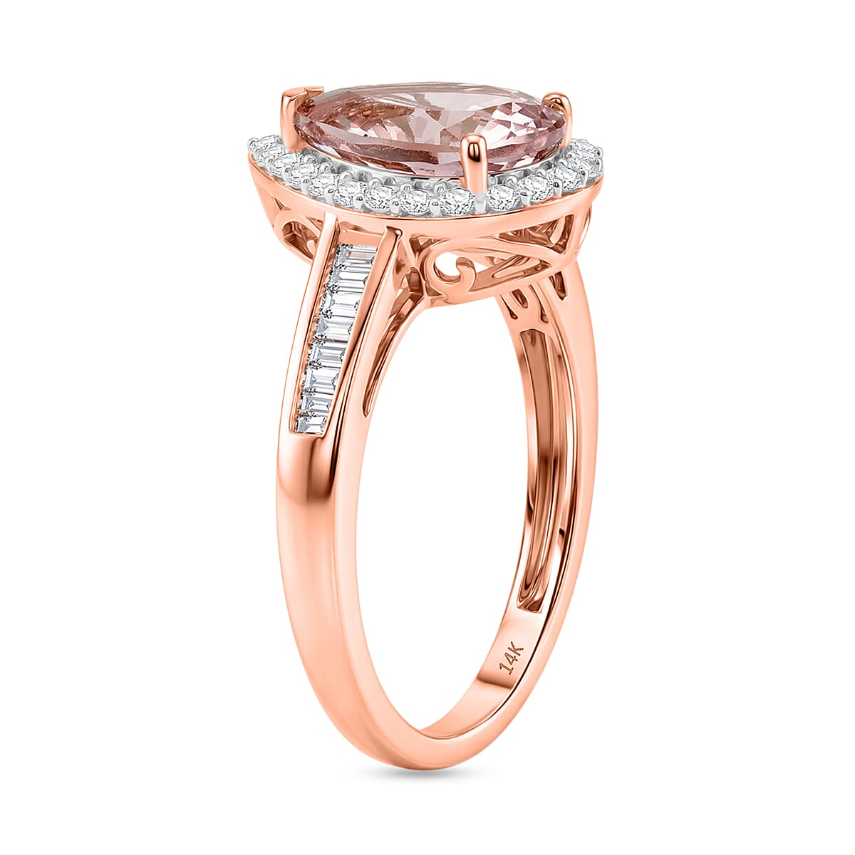 14K Rose Gold AAA Pink Morganite & White Diamond Pear Halo Ring 2.05 Ct, Gold Wt. 3.10 Gms