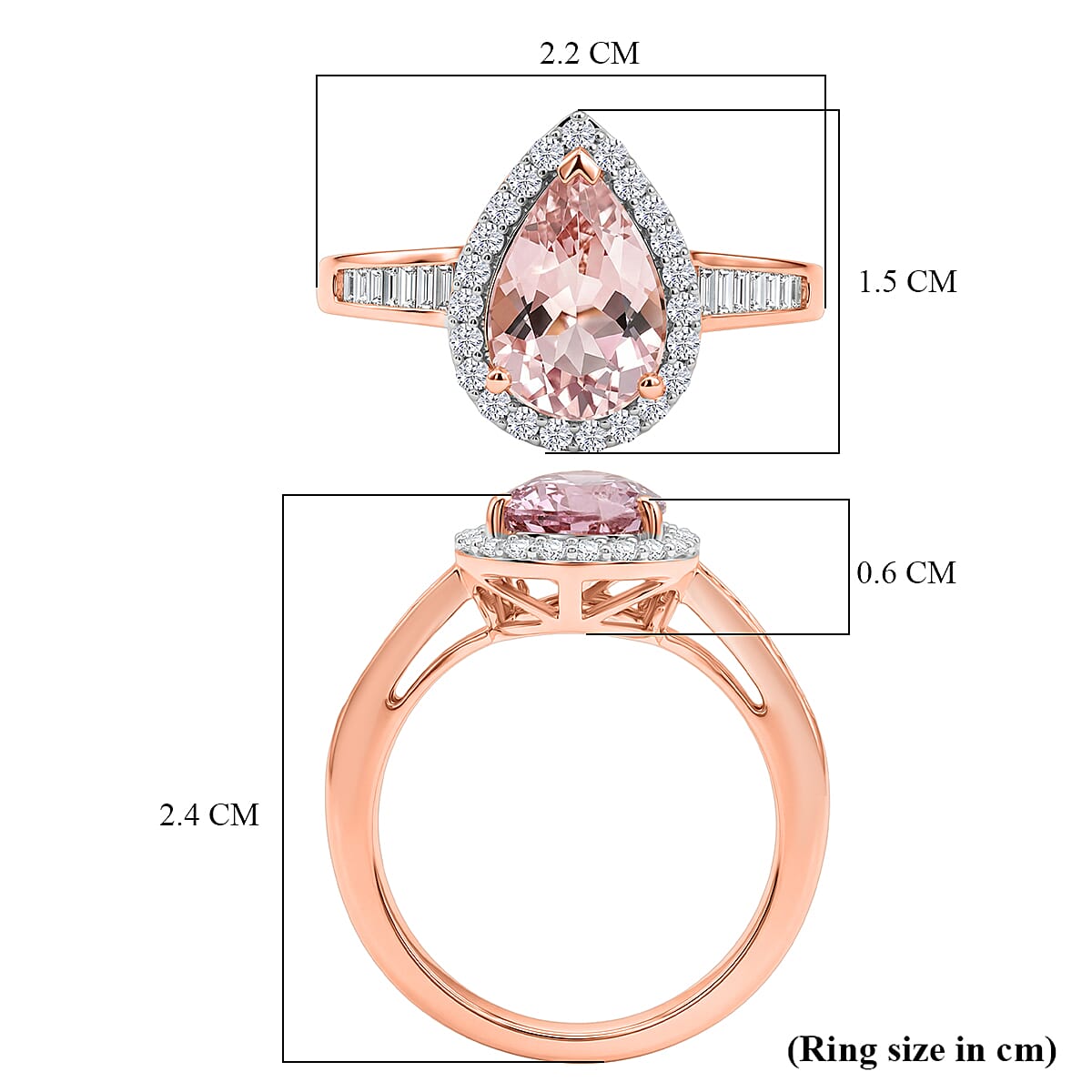 14K Rose Gold AAA Pink Morganite & White Diamond Pear Halo Ring 2.05 Ct, Gold Wt. 3.10 Gms