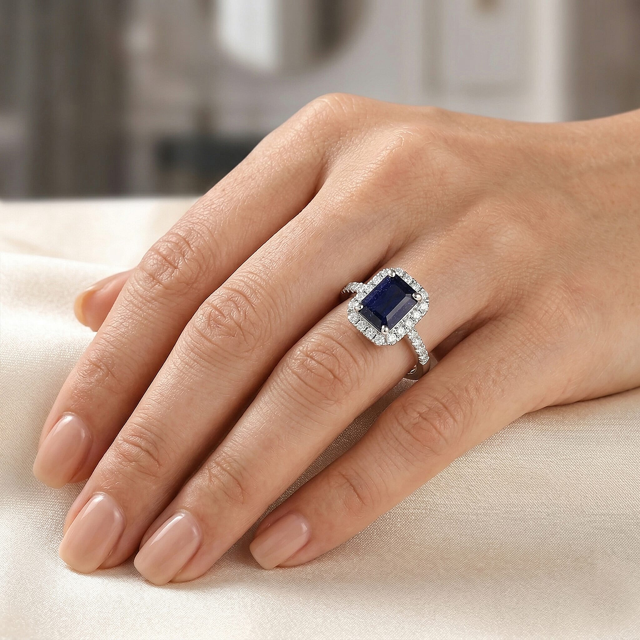 Royal Bali Collection - D'Joy Fissure Filled Blue Sapphire & Moissanite Halo Ring in Rhodium Overlay Sterling Silver 1.88 Ct.