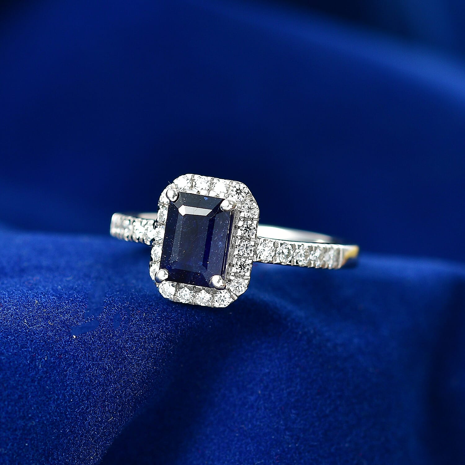 Royal Bali Collection - D'Joy Fissure Filled Blue Sapphire & Moissanite Halo Ring in Rhodium Overlay Sterling Silver 1.88 Ct.