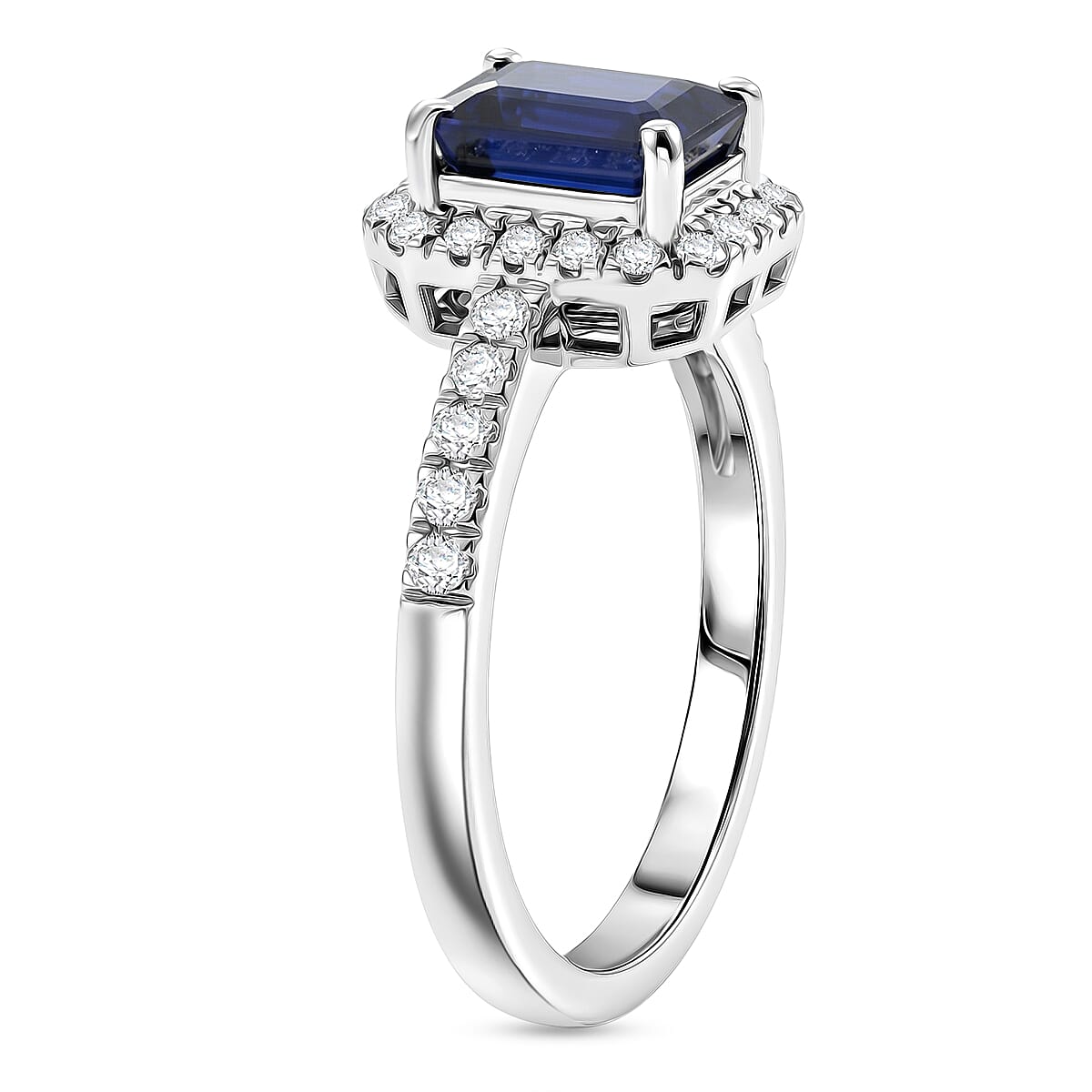 Royal Bali Collection - D'Joy Fissure Filled Blue Sapphire & Moissanite Halo Ring in Rhodium Overlay Sterling Silver 1.88 Ct.