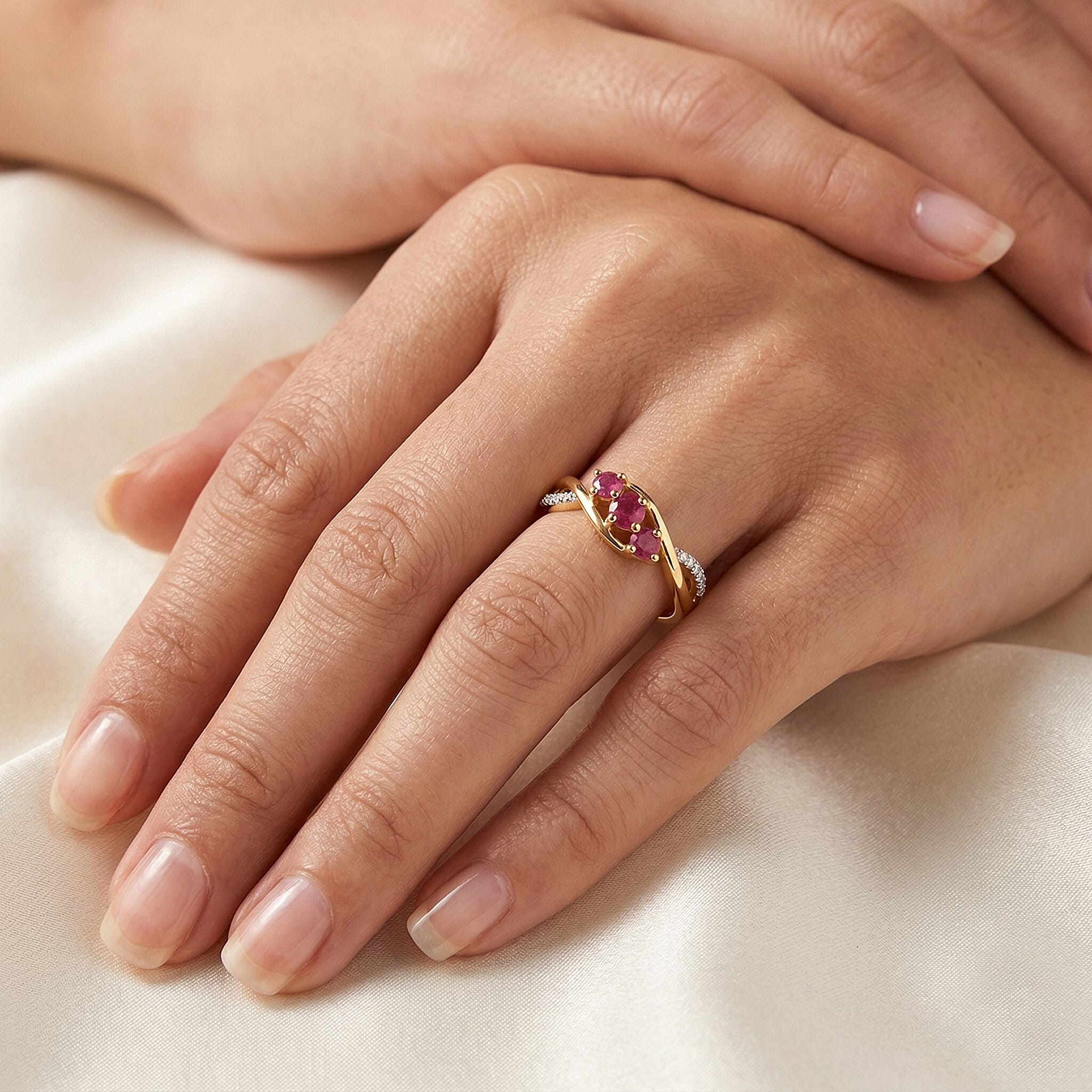 Royal Bali Collection - D'Joy African Ruby & Moissanite Trilogy Ring in 18K Vermeil Yellow Gold Plated Sterling Silver