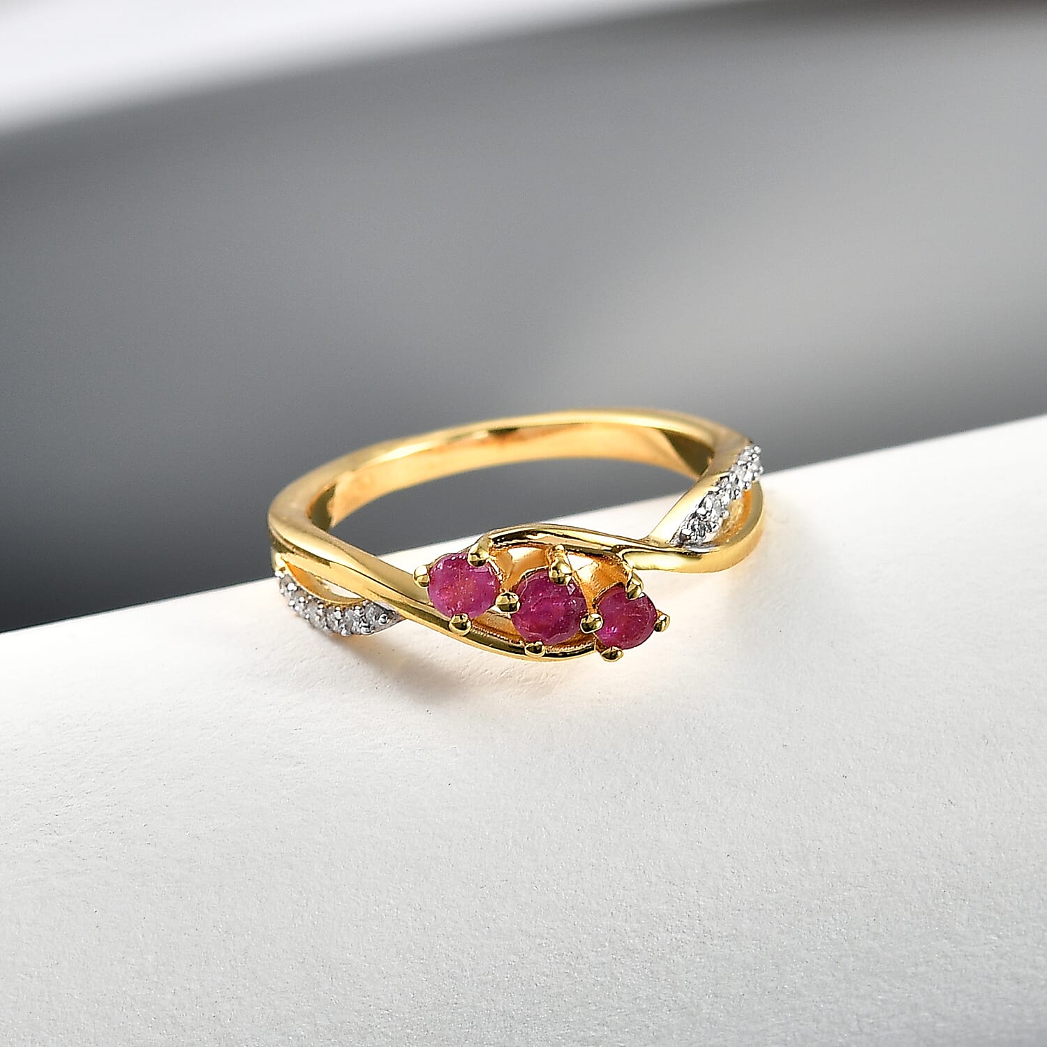 Royal Bali Collection - D'Joy African Ruby & Moissanite Trilogy Ring in 18K Vermeil Yellow Gold Plated Sterling Silver