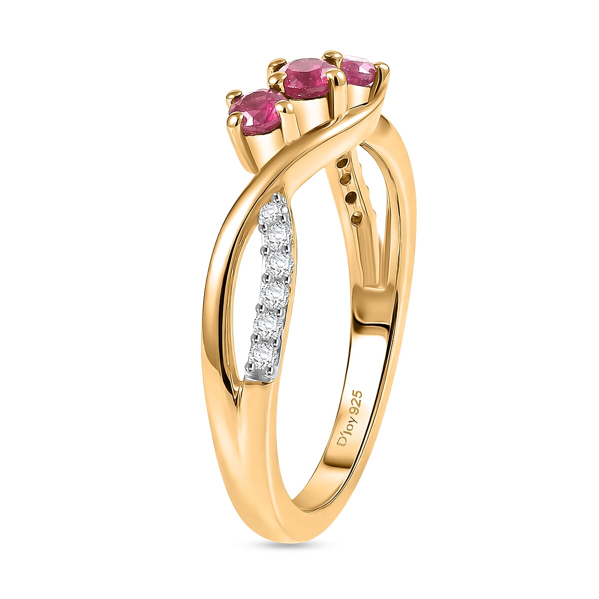 Royal Bali Collection - D'Joy African Ruby & Moissanite Trilogy Ring in 18K Vermeil Yellow Gold Plated Sterling Silver