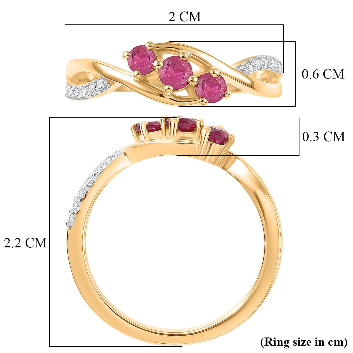 Royal Bali Collection - D'Joy African Ruby & Moissanite Trilogy Ring in 18K Vermeil Yellow Gold Plated Sterling Silver