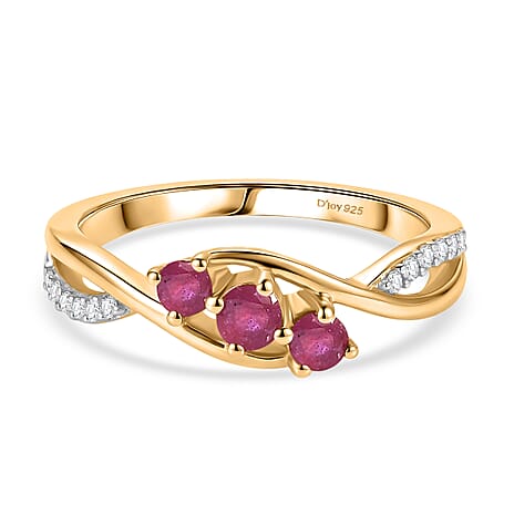 Royal Bali Collection - D'Joy African Ruby & Moissanite Trilogy Ring in 18K Vermeil Yellow Gold Plated Sterling Silver