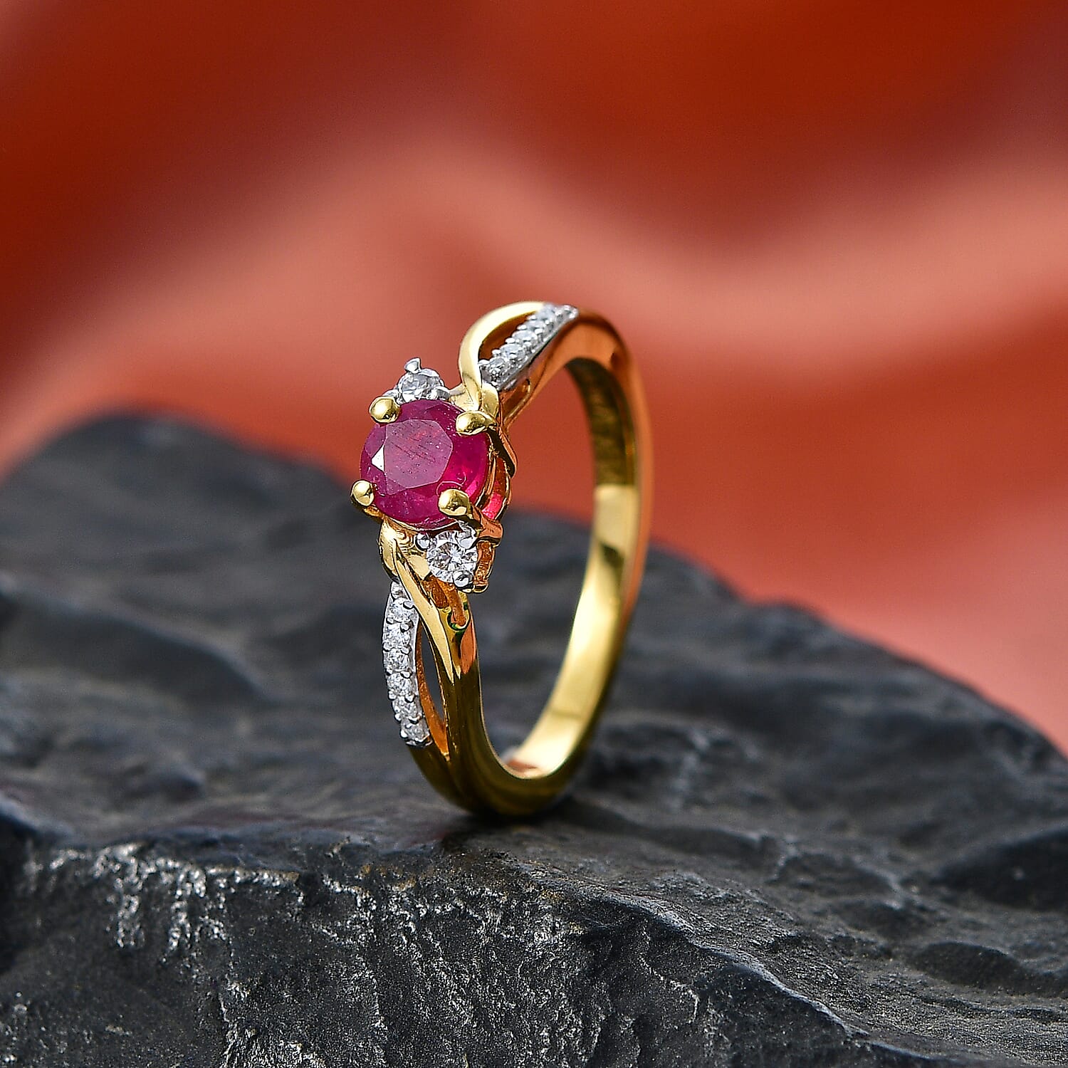 Royal Bali Collection - D'Joy African Ruby & Moissanite Ring in 18K Vermeil Yellow Gold Plated Sterling Silver