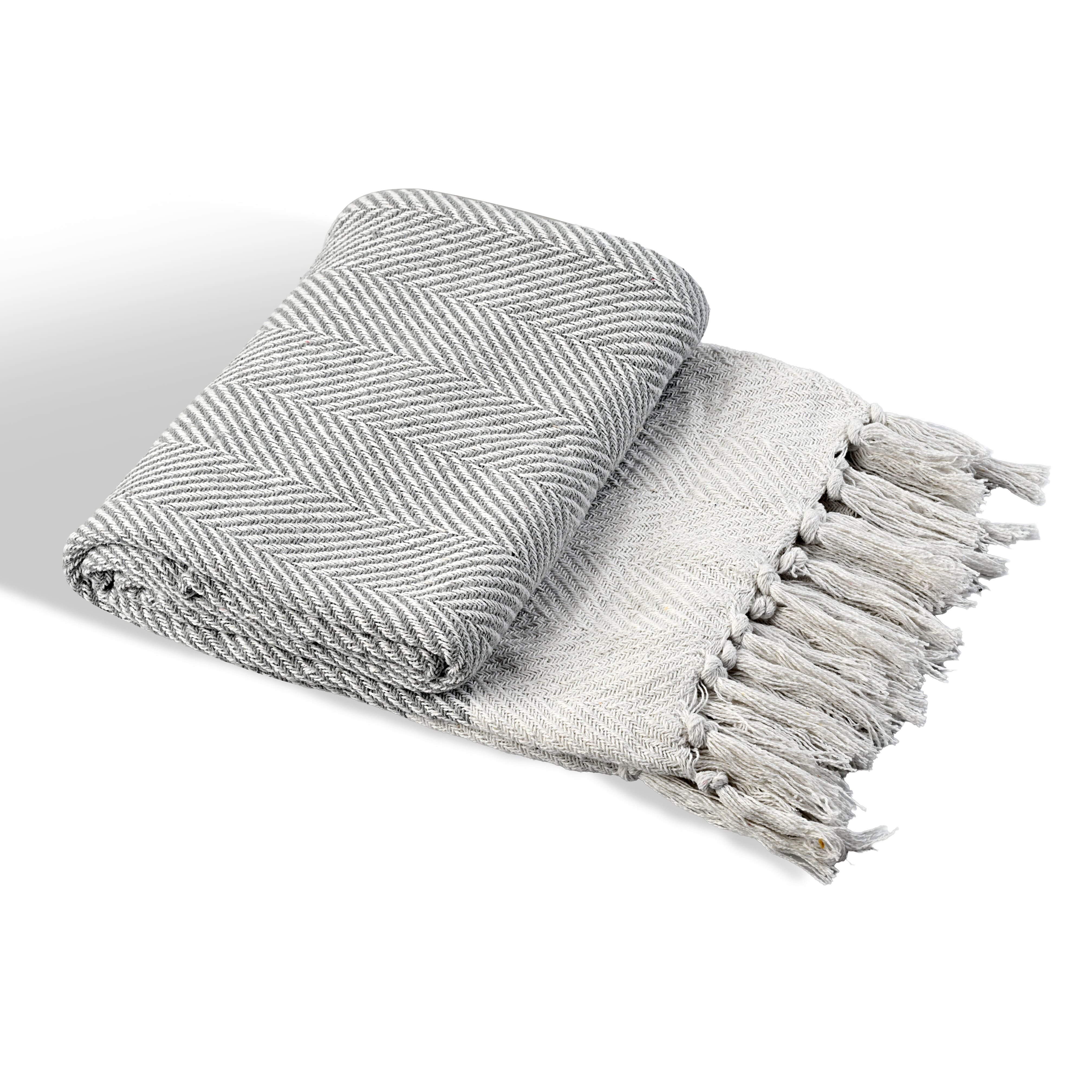 Livmore 100%  Cotton Woven Throw Blanket - (Size 130x160 cm) - Light Grey