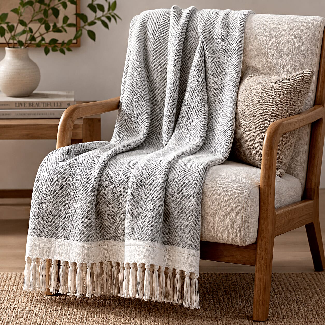 Livmore 100%  Cotton Woven Throw Blanket - (Size 130x160 cm) - Light Grey