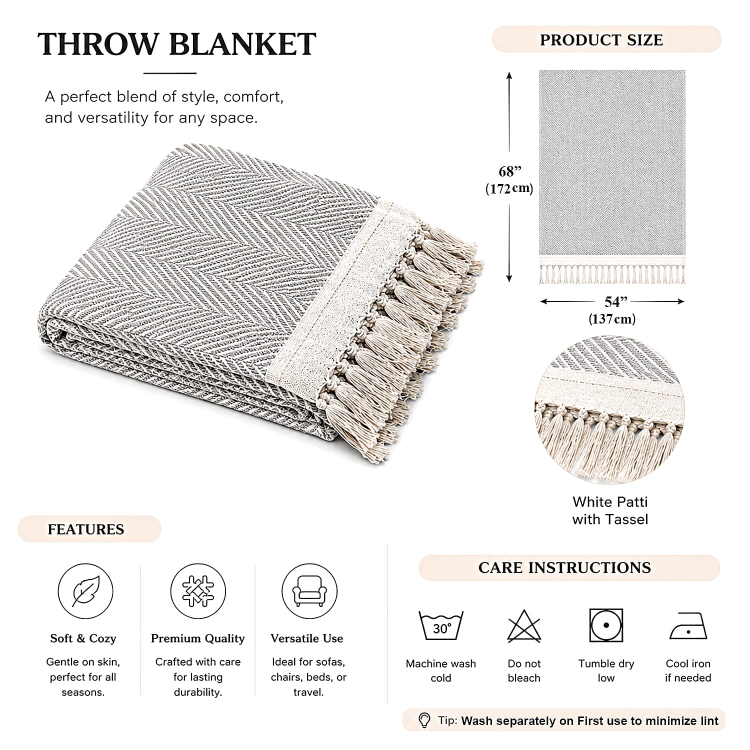 Livmore 100%  Cotton Woven Throw Blanket - (Size 130x160 cm) - Light Grey