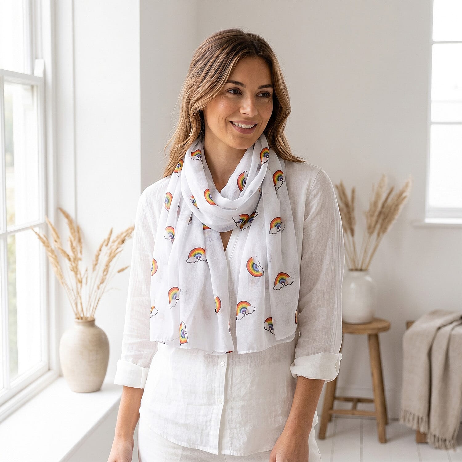 Rainbow Print Scarf (Size 70 x 180 Cm) - White